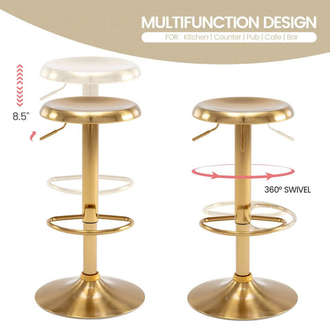 Adjustable Swivel Bar Stools Set Of 2 Round Gold Brushed Metal Airlift Stools showing height adjustment and 360° swivel features