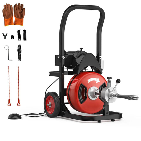 Heavy Duty 75 Ft Electric Drain Cleaner Auto Feed Sewer Snake Auger with half inch steel core cable and six cutter heads.
