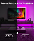Room with RGB TV backlight strip lights for 45 to 60 inch TVs, 13.1ft long, music sync with Bluetooth app control, USB powered LED