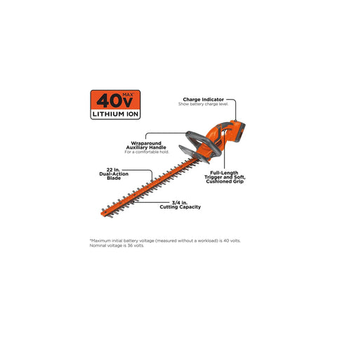 40V Max Hedge Trimmer with 22 inch dual action blade, wraparound handle, and battery indicator, smooth cuts up to 3/4 inch
