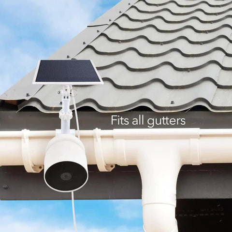 Gutter Mount For Nest Cam Battery And Solar Panel, Two In One Outdoor Mount Bracket attached to roof gutter shown from side view