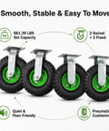 10 Inch Heavy Duty Pneumatic Casters Set Of 4 With Silky Smooth Air Rubber Tires For Industrial Utility Use And Heavy Freight Equipment Tough Construction Crushes Weight Like A Champ And Glides Over Pavement Without Breaking A Sweat, featuring green wheels and reinforced steel brackets.