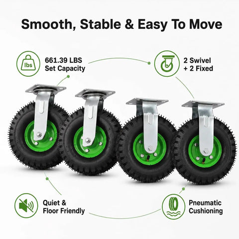 10 Inch Heavy Duty Pneumatic Casters Set Of 4 With Silky Smooth Air Rubber Tires For Industrial Utility Use And Heavy Freight Equipment Tough Construction Crushes Weight Like A Champ And Glides Over Pavement Without Breaking A Sweat, featuring green wheels and reinforced steel brackets.