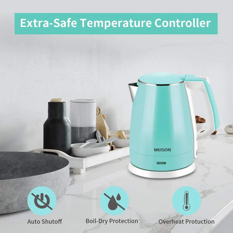 Electric Kettle With BPA Free No Plastic Contact Stainless Steel Interior Double Wall For Safe Hot Water Touch Cool To The Touch Coffee And Tea Pot Kettle With Auto Shut Off Boil Dry Protection 1.5L 2 Year Warranty on a kitchen counter with safety features illustrated