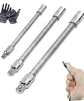 Flexible Shaft Extension For Impact Tools 360 Degree Bend To Reach Tight Auto Repair Spaces Half Inch Drive With Three Eighths Inch And One Quarter Inch End Sockets Hand Drill And Ratchet Accessory For Narrow Gaps displayed with gloves and hand usage demo