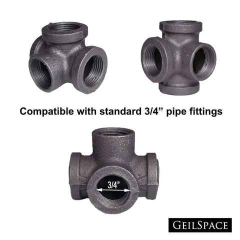Four Way Malleable Iron Pipe Fittings For DIY Industrial Shelving And Furniture Decor, Built To Last, Tough As Nails And Rust Resistant