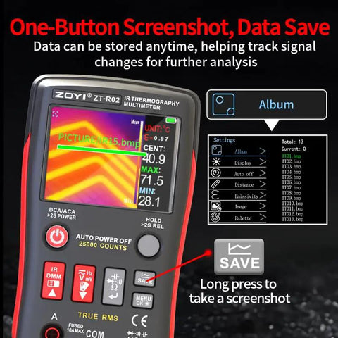 All In One Thermal Imaging And Digital Multimeter For Electricians And HVAC Pros showing thermal image and control buttons
