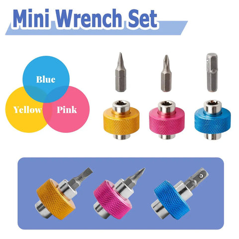 Badass 2 In 1 Palm Screwdriver Wrench Set With Mini Thumbwheel Ratchets And Quarter Inch Drive Socket Tool Kit featuring colorful mini wrenches.