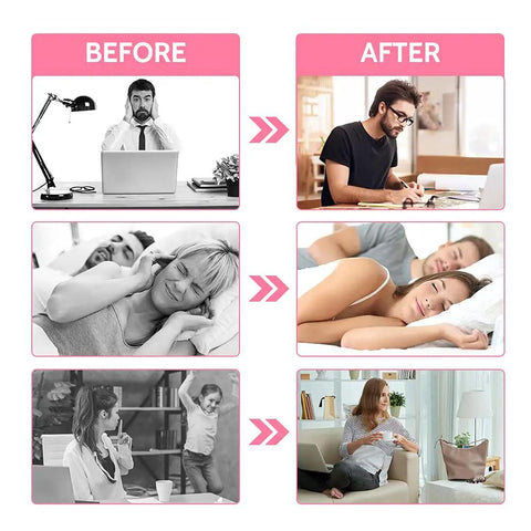 Before and after using Slim Fit Foam Ear Plugs for Small Ear Canals, improved focus and sleep in various settings.