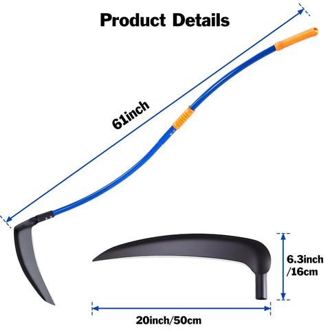 20 Inch Sickle Tool With Curved Stainless Steel Pole, Adjustable Dual Hand Grip, And Pro Grade Blade For Clearing Bushes, Vines, Fields