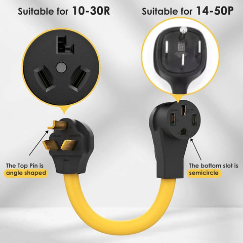 Heavy Duty Nema 10 30P To 14 50R Ev Charger Adapter With 8 Gauge Wire for Tesla and RV Hookup showing plug types and cable design.