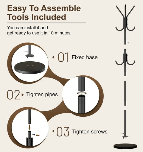 Assembly steps for Heavy Duty Freestanding Coat Rack With Stable Wood Base And Metal Frame, 12 Hooks For Jackets Hats Bags