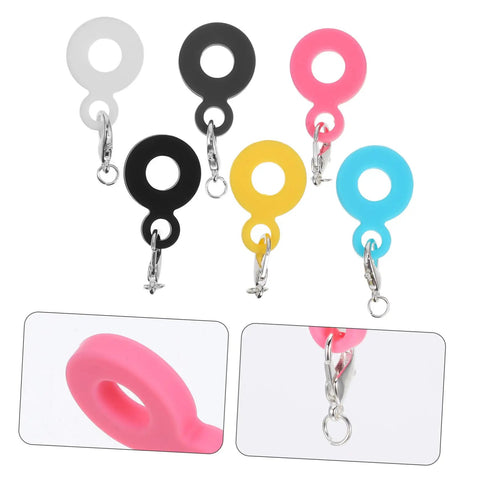 Six Colorful Straw Charm Covers Set For Cups And Parties in six vibrant silicone colors with metal snap hooks.