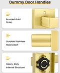 Brushed Gold Dummy Door Handle No Turn Lever For French Doors And Closets, Heavy Duty Ambidextrous Interior Push Pull Door Hardware, Non Functional Single Sided Latch Replacement, 1 Pack. Close-up brushed gold finish