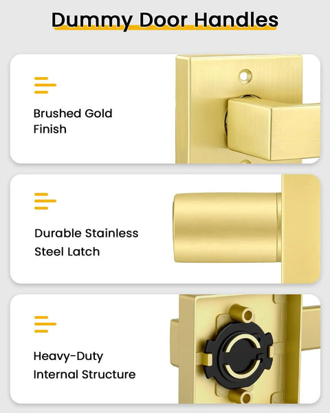 Brushed Gold Dummy Door Handle No Turn Lever For French Doors And Closets, Heavy Duty Ambidextrous Interior Push Pull Door Hardware, Non Functional Single Sided Latch Replacement, 1 Pack. Close-up brushed gold finish