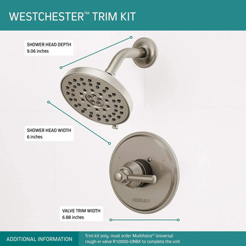 Westchester Shower Trim Kit With Single Handle 14S Brushed Nickel showing shower head and valve dimensions