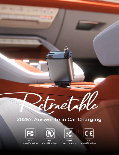 Retractable Car Charger 84W USB C Fast Charge For 12V Cigarette Lighter Sockets installed in car interior with certification badges
