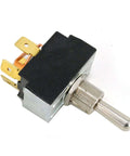 Grasshopper mower toggle switch, angled close-up, 2P DT 2-Position; black housing, threaded metal shaft, gold terminals.