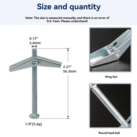 Fifty Pack One Eighth Inch Toggle Bolts For Drywall And Ceiling Mounts Heavy Duty Anchors Kit With Screws Rustproof Galvanized Metal Toggle Anchors For Rock Solid Wall Installations, size chart