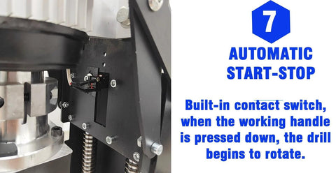 Beilockery hinge drilling machine; 110V/1100W, black metal frame with mounting screws (side view)