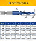 6 Piece Drill And Tap Bit Set With Nano Blue Coating in 6 Sizes M3 to M10, size chart and bit dimensions shown.