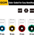 Color-coded non marring 22mm lug nut socket for 1/2 inch drive, 6 point Cr-Mo steel, metric lug nut tool for high torque.