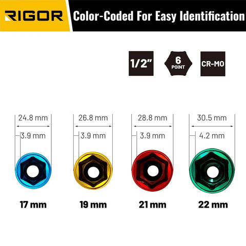 Color-coded non marring 22mm lug nut socket for 1/2 inch drive, 6 point Cr-Mo steel, metric lug nut tool for high torque.