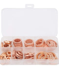 120 Piece Premium Red Copper Washers Assortment Kit Includes Tough Flat Gaskets For Sealing Oil Pan Plugs Fuel Lines Hydraulic Connections With Storage Box Organizer For Easy Access And High Thermal Conductivity Works Wicked Well Under Pressure.