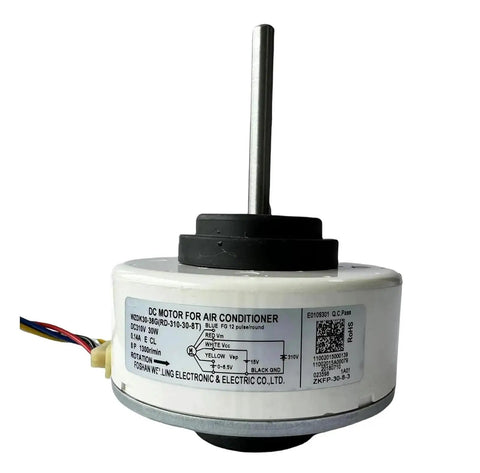 DC Brushless Air Conditioner Fan Motor 30W Inverter Drive RD 310 30 8T in close-up view, showing wiring and specifications label.