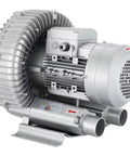Heavy Duty Single Phase Turbine Blower Pulling Massive Airflow, 110V 120W Regenerative Vacuum Pump with silver casing.