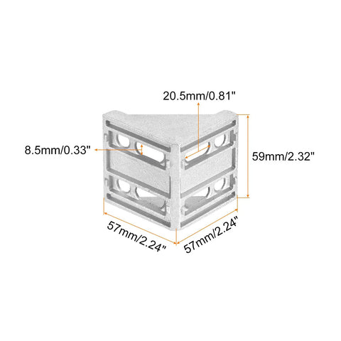 4 Piece Inside Corner Bracket Gusset For Aluminum Extrusion 57x57x59mm 6060 Angle Connectors with dimensions shown.