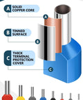 All Purpose Wire Ferrule Kit For 8 To 22 AWG 750 Piece Dual Bootlace Ferrules Set With Copper Tin Plated Ends Insulated PVC Sheath