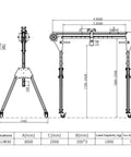 Portable Aluminum Gantry Crane 2204 Lb Capacity Adjustable Height Foldable Workshop Frame dimensions and specifications diagram.