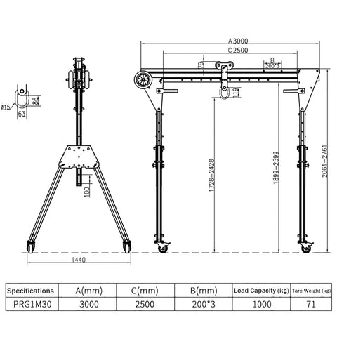 Portable Aluminum Gantry Crane 2204 Lb Capacity Adjustable Height Foldable Workshop Frame dimensions and specifications diagram.