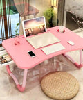 Foldable Laptop Bed Table With Drawer And Cup Holder, Go-To Lap Desk For Bed Or Sofa, Breakfast Tray, TV Tray, Reading Stand, Phone Slot, Pink Finish For Couch Time