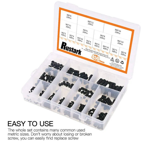 450 Piece Allen Head Socket Hex Grub Screw Set For M3 To M8 Sizes With Internal Hex Drive In Black Alloy Steel 12 9 Class Durable Hardware Kit For Mechanical Automotive And DIY Projects