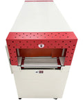 Dinenovate Industrial Heat Shrink Tunnel Machine With Energy Saving 304 Stainless Steel Heating Tubes For High Efficiency Production Runs On 220V 3PH 13KW Power Supply Systems For Packaging Operations, top view showing red and white design.