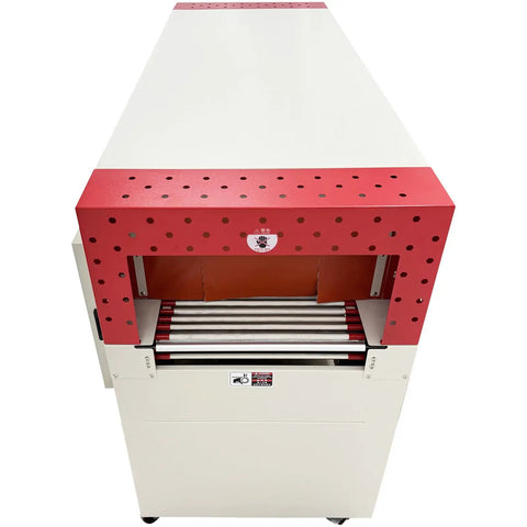 Dinenovate Industrial Heat Shrink Tunnel Machine With Energy Saving 304 Stainless Steel Heating Tubes For High Efficiency Production Runs On 220V 3PH 13KW Power Supply Systems For Packaging Operations, top view showing red and white design.