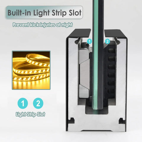 Heavy Duty Glass Railing System For Deck And Balcony Featuring Rock Solid Spigot Clamps with built-in light strip slot detail.