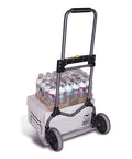 Front view of silver Magna Cart Elite folding hand truck with two large wheels, loaded with bottled water on a pallet.