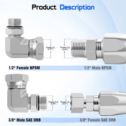 Heavy Duty 3/8 Inch Male SAE ORB to 1/2 Inch Female NPSM Swivel 90 Degree Hydraulic Elbow Adapter for High Pressure Hose Fittings, Swivel Joint and Leak-Free Fit, SAE J512 J1926 Compliant, metal fitting