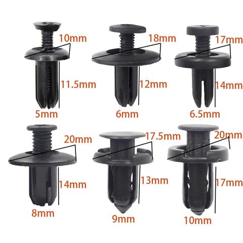 Huge 120 To 240 Piece Car Trim Rivet Kit With Nylon Bumper Clips That Hold Firm And Secure Plastic Panels, Dash Trims And Grilles Like A Boss Without Falling Out On The Road. assorted nylon car trim rivets with size measurements