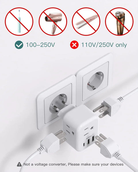 6 In 1 European Travel Plug Adapter With 3 US Outlets And 2 USB A Ports Plus 1 USB C plugged into EU socket