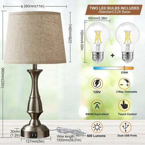 Tall Rustic Bedside Lamp With 2 USB Ports, 3-Way Dimmable Touch Control Nightstand Light with included bulbs shown
