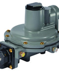 Front-angle view of Emerson-Fisher LP-Gas integral 2-stage regulator, gray body, black cap, 1/4 x 1/2 in NPT.