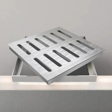 Heavy Hitting Stainless Steel Drain Grate Cover For Bathroom Shower And Outdoor Yard Driveway Rust Resistant Catch Basin Channel Tile 60 By 60 By 3 Cm Quick Install No Mess displayed at an angle on a surface.