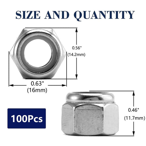 Beefy Nylon Insert Hex Lock Nuts Set 3/8-16, 100 Pcs, 304 Stainless Steel With Bright Finish, Hex Drive 9/16, dimensions shown