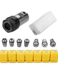 Heavy Duty ER11 Collet Block Chuck With Spindle Motor Shaft Extension Rod For CNC Tooling Set showing collet chucks, nut, and protective caps.