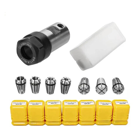 Heavy Duty ER11 Collet Block Chuck With Spindle Motor Shaft Extension Rod For CNC Tooling Set showing collet chucks, nut, and protective caps.
