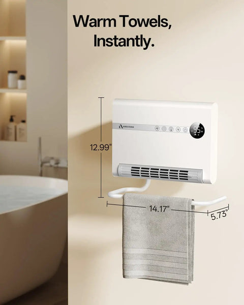 Wall Mounted Space Heater For Bedroom Or Office, 1500W PTC Fast Heating, shown with towel holder in bathroom
